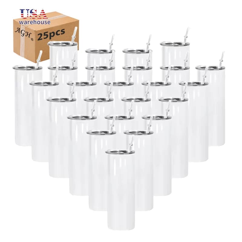 25 pz. Bicchieri Termici Sottili da 20oz per Sublimazione, in Acciaio Inossidabile, con Cannucce in Plastica - Wang