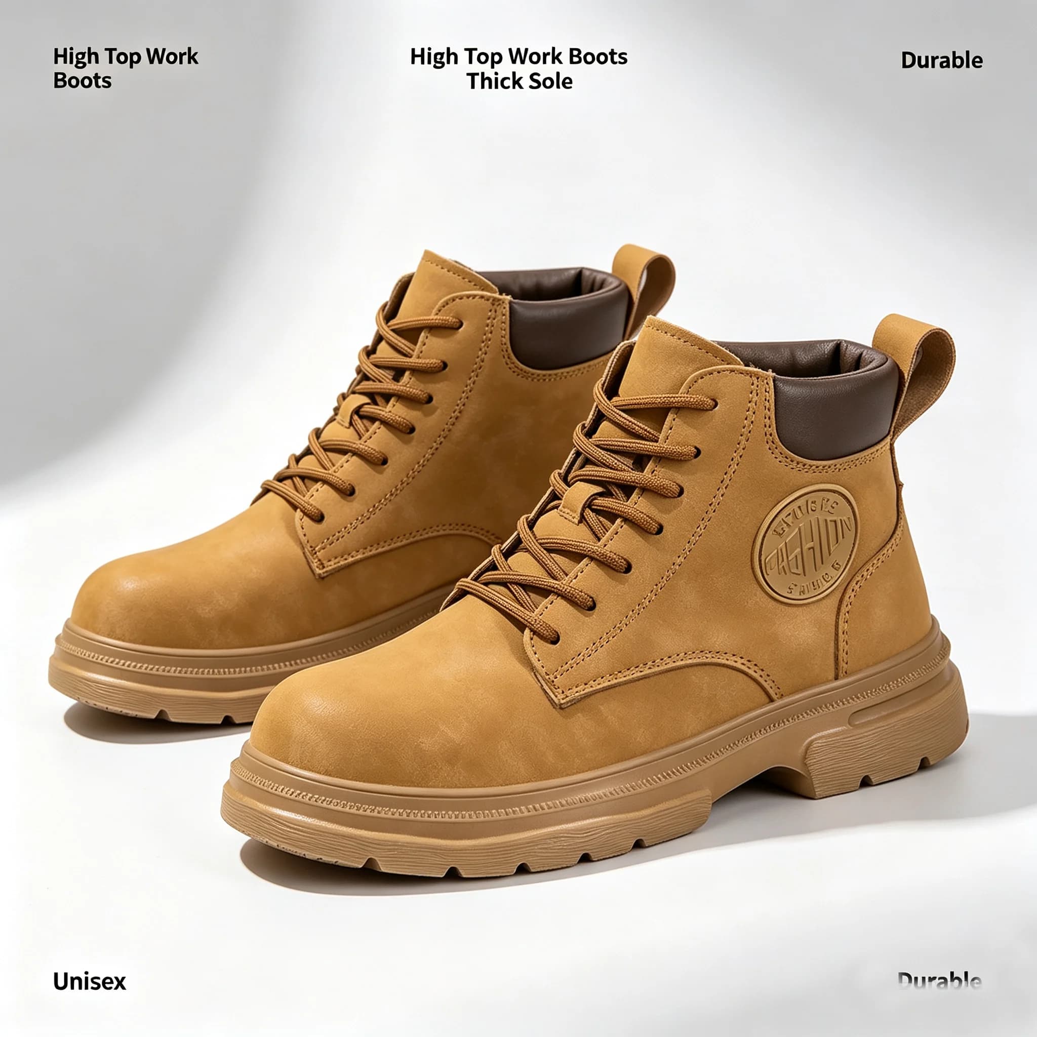 Unisex High-Top Work Boots in Yellow-Brown/Camel Color, Durable Thick-Soled Outdoor Casual Boots, Stylish Versatile Lace-Up Ankle Boots, Daily Commuting Hiking Shoes
