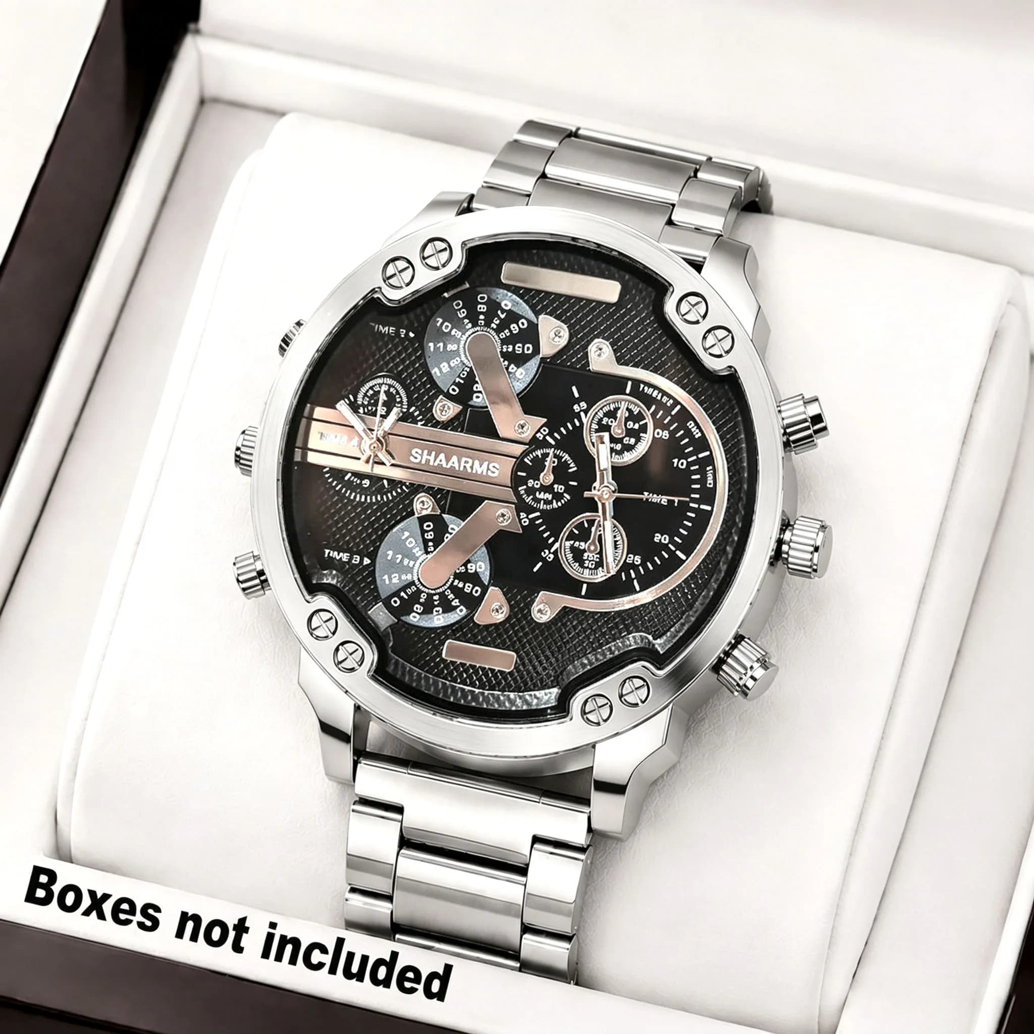 A silver casual business men's watch with a steel band and a robust case, an exclusive accessory for men