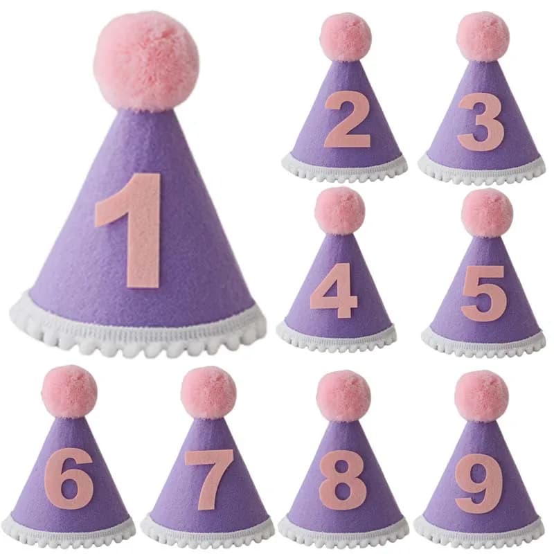 Purple Birthday Hat 1 2 3 4 5 6 7 8 9 Year Baby Boy Girl Cone Hats Mini Headband Baby Shower Kids Birthday Party Decoration Cap