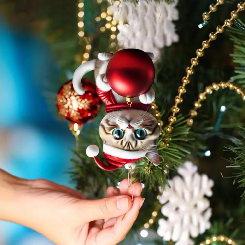 Ciondolo gatto 2025 Ciondolo felino affascinante Simpatici ornamenti natalizi in acrilico per gatti con cappello da Babbo Natale Palla festosa per albero per gatto