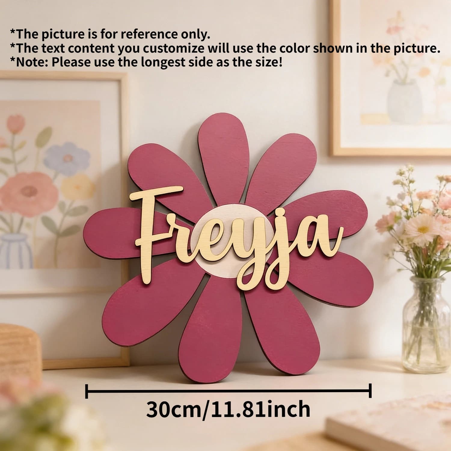 1pc Personalized Floral Wooden Name Sign Custom Text Daisy Shape Name Plate Tabletop Wall Art Home Decor Holiday Gift