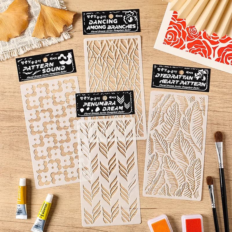 4pcs/set Aesthetic Mandala Stencil DIY Decor Scrapbook Wall Stencils for Painting Hollow Flower Leaf Striped Plastic Stencil