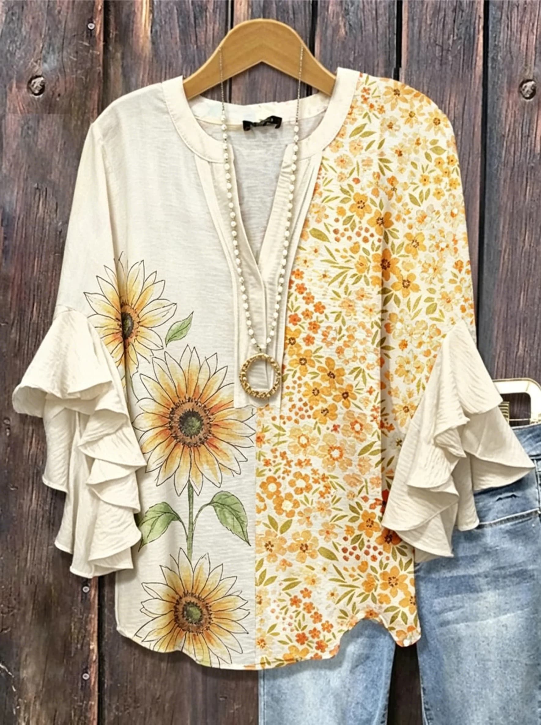 Camicetta da donna con scollo a V e volant a mezza manica con stampa floreale girasole, top casual per tutti i giorni beige arancione giallo primavera estate