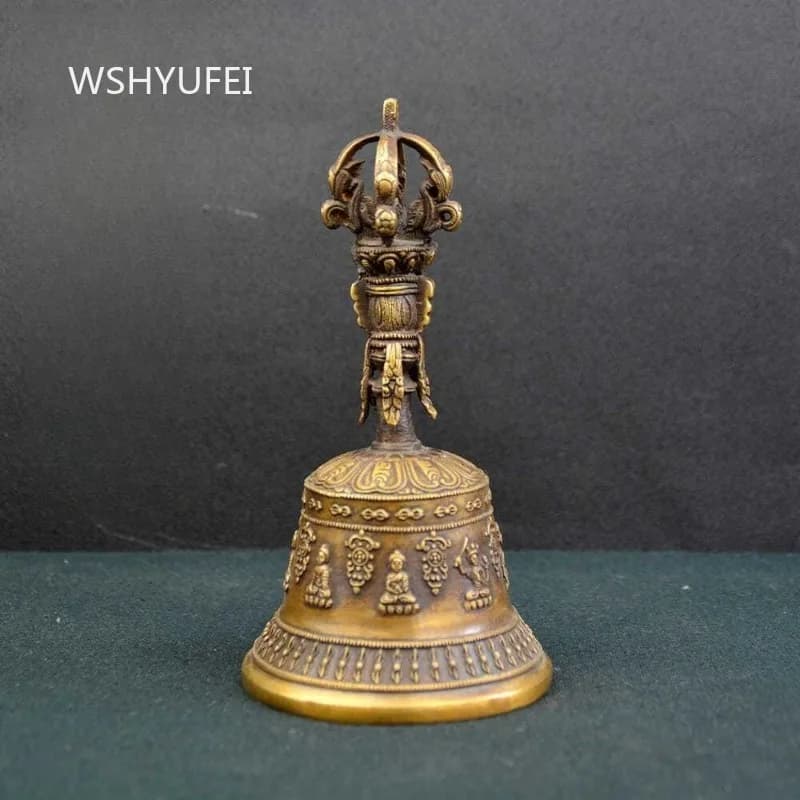 Antique Copper Tibetan Vajra Bell Embossed Buddha Figurine Ritual Dharma Tool Buddhist Altar Worship Supply Meditation Decor