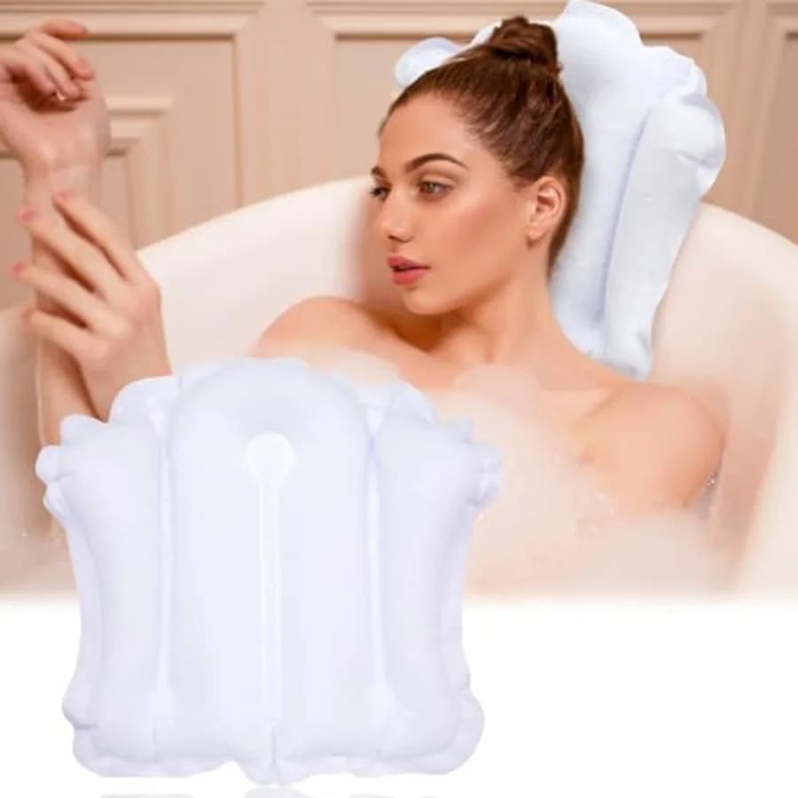 Inflatable Bath Pillow for Tub Non Slip Bathtub Pillow Soft Comfortable Terry Cloth Bath Pillow White Head Spa Pillow with Suct