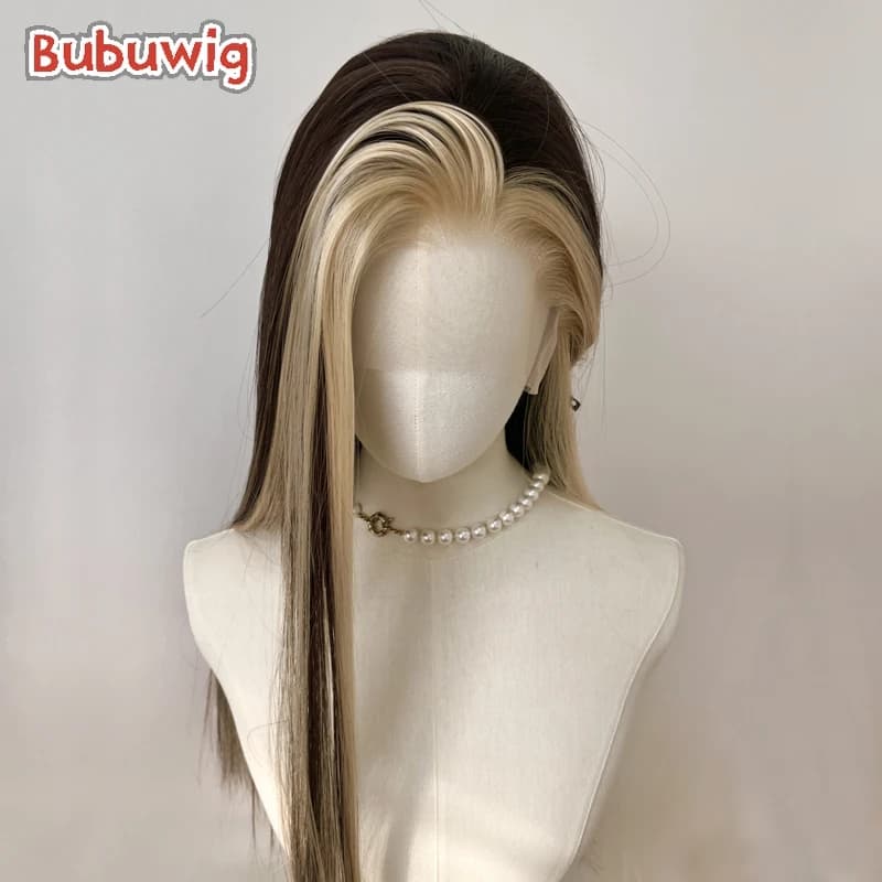 Parrucche sintetiche Bubuwig con pizzo, fatte a mano, 13×4, 60 cm, lunghe, lisce, bionde miste castane, con pizzo frontale, per cosplay, resistenti al calore