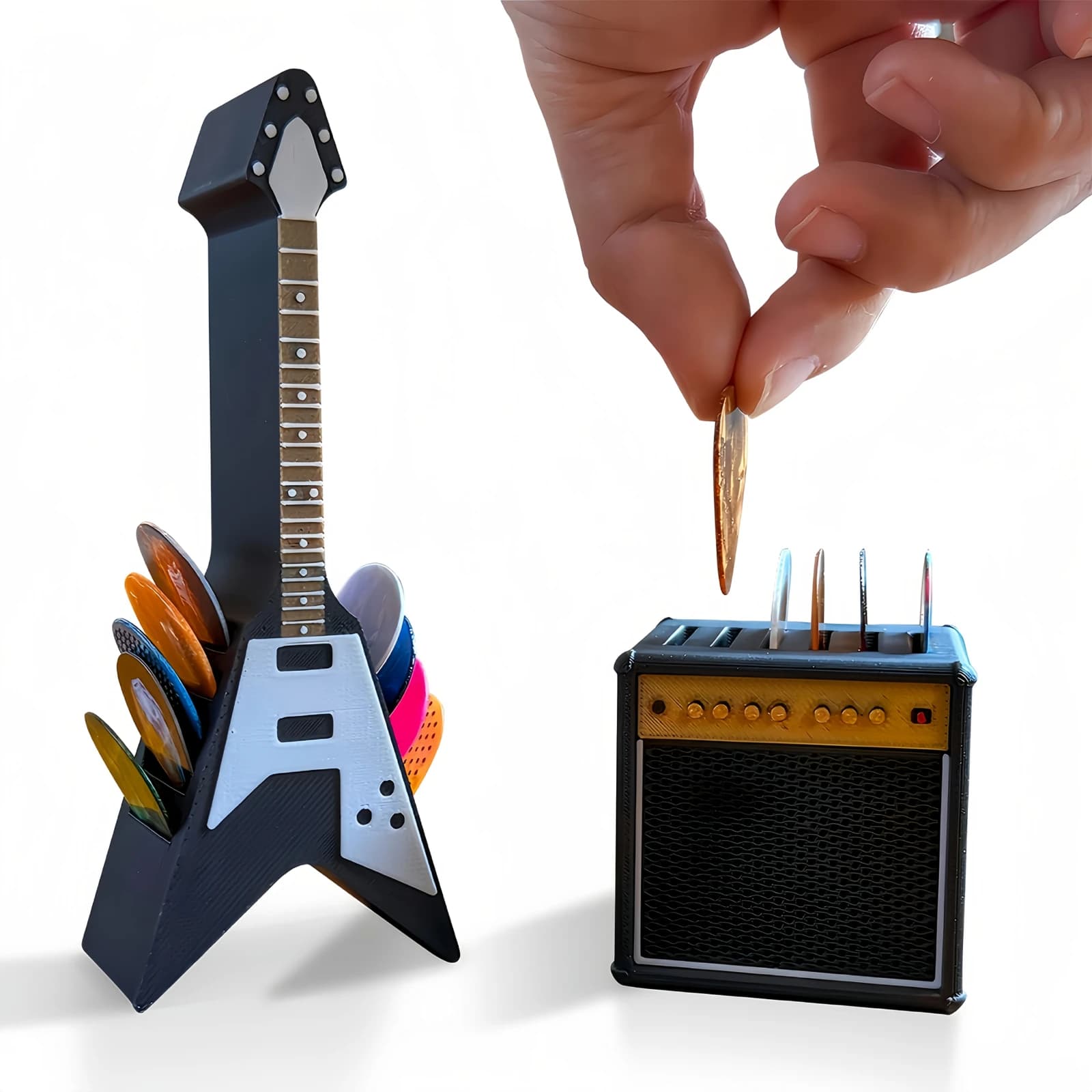 Porta plettro per chitarra a forma di V Rock + set di cassetti per plettro, supporto per riporre la forma dell'amplificatore e combo regalo in stile rock