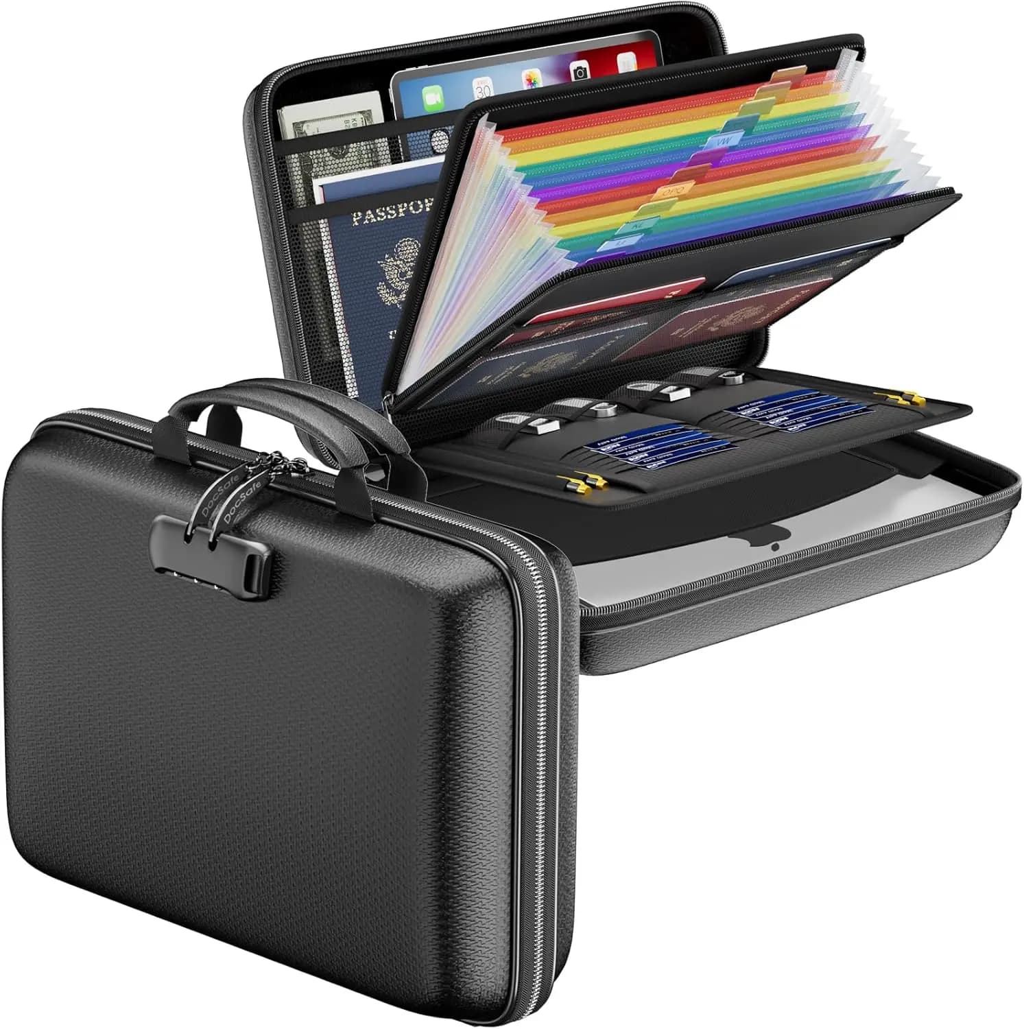 Organizzatore di Documenti Ignifugo con Serratura, Valigetta Rigida, 13 Tasche per File e Laptop, Contenitore Portatile Nero