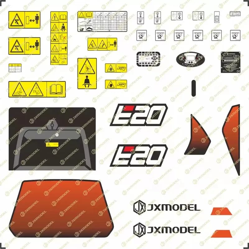 Adesivo sensibile alla pressione per mini escavatore modello JX-E20-TZ 1/14, decalcomania di avvertimento con logo Mountain Cat a trasferimento d'acqua JXmodel