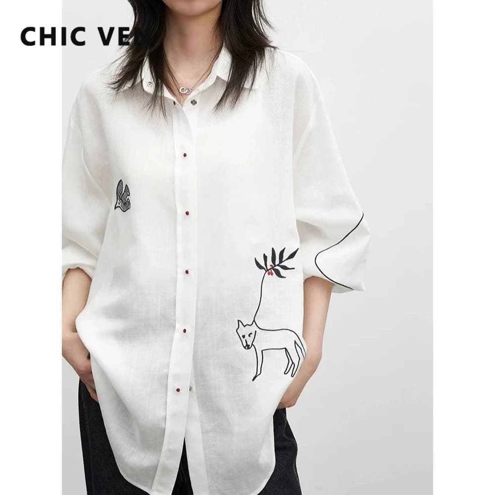 CHIC VEN Camicia da Donna alla Moda Bianca Monopetto Larga Casual a Maniche Lunghe con Ricamo Pony Blusa Femminile Primavera Estate 2026