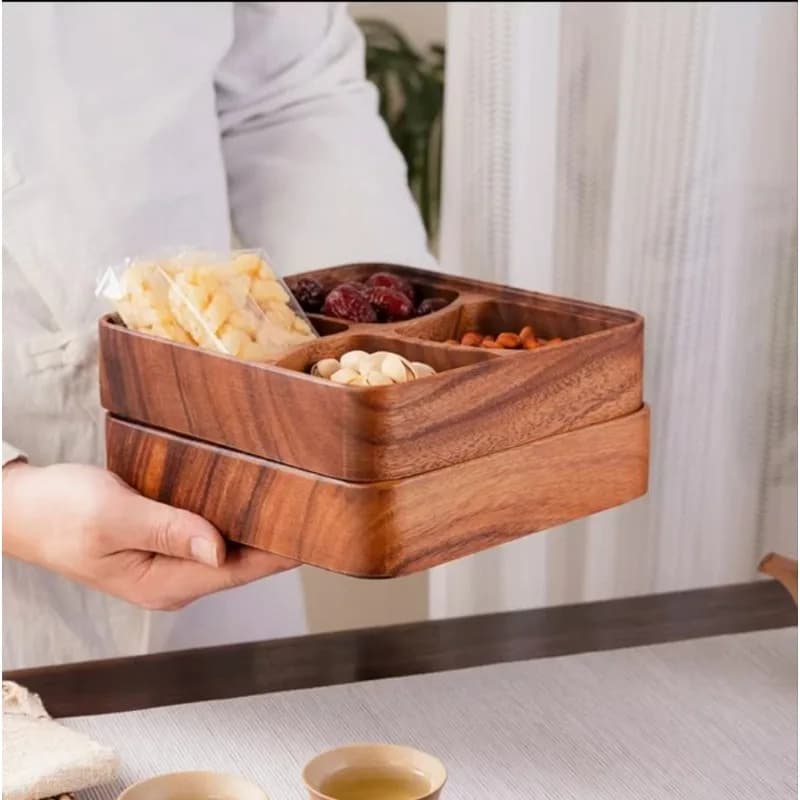 Vassoio per Frutta in Legno di Noce a 4 Scomparti, Impilabile, per Snack e Conservazione di Frutta Secca e Alimenti