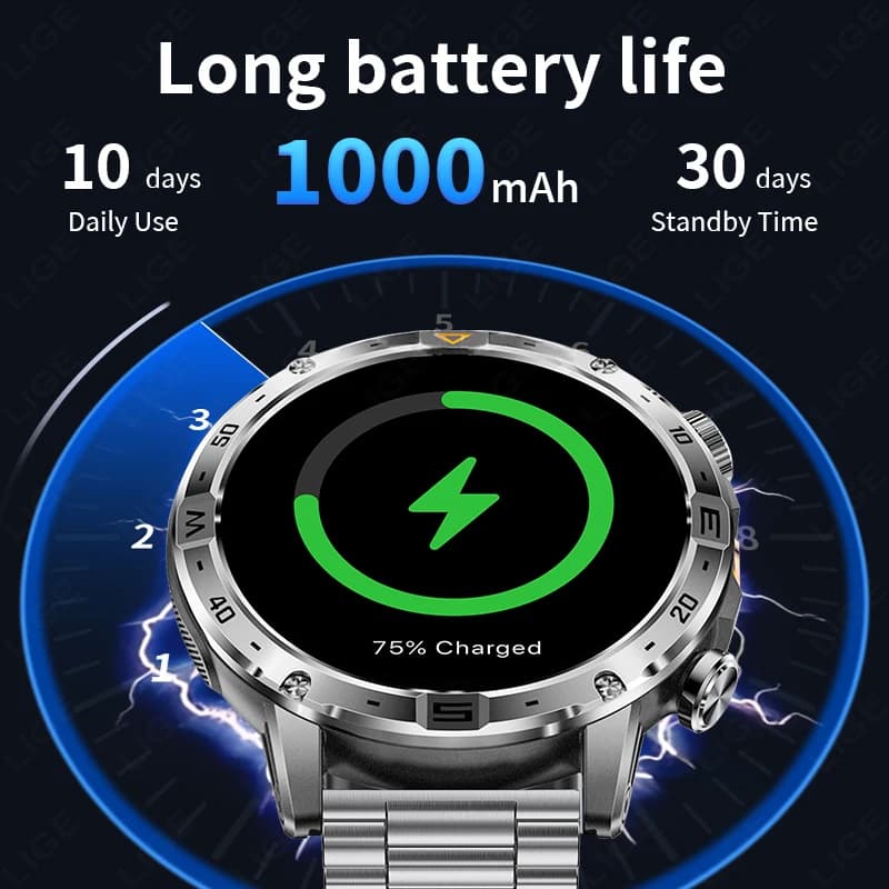 LIGE New 1000mAh Large Battery Smart Watch Men Outdoor Compass LED Flashlight Bluetooth Call Waterproof Sport Fitness Smartwatch