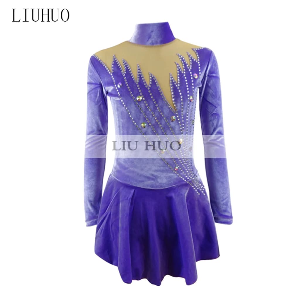 LIUHUO Vestito da Pattinaggio di Figura per Bambini e Adolescenti Prestazioni sul Ghiaccio per Ragazze da Donna Body da Competizione Viola Costume da Ballo in Velluto