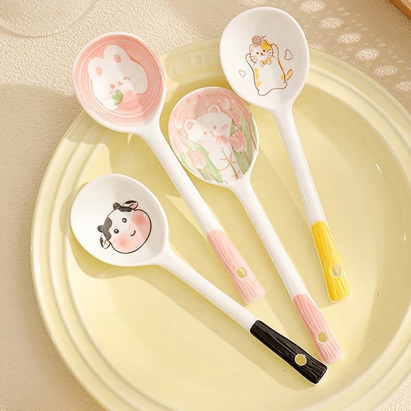 1 Pc Ceramic Soup Spoon Cereal Spoon Cute Household Tableware Painted Coffee Spoon Jam Spoon Kitchen Dessert Scoop