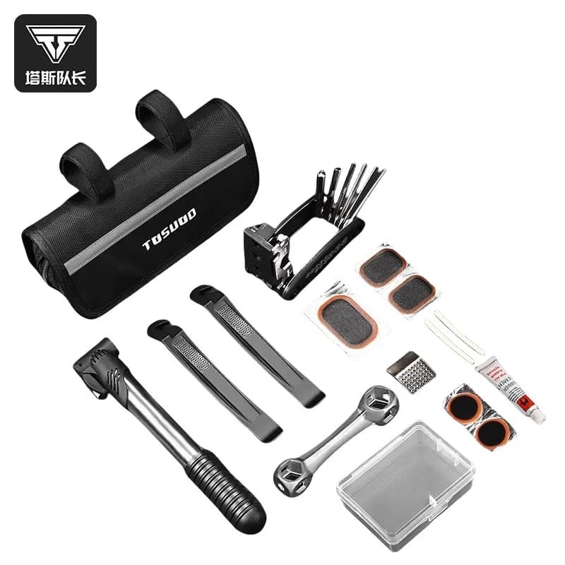 Kit di Riparazione Biciclette Tas Captain: Set per Riparazione Pneumatici, Pompa d'Aria, Set di Chiavi per Mountain Bike