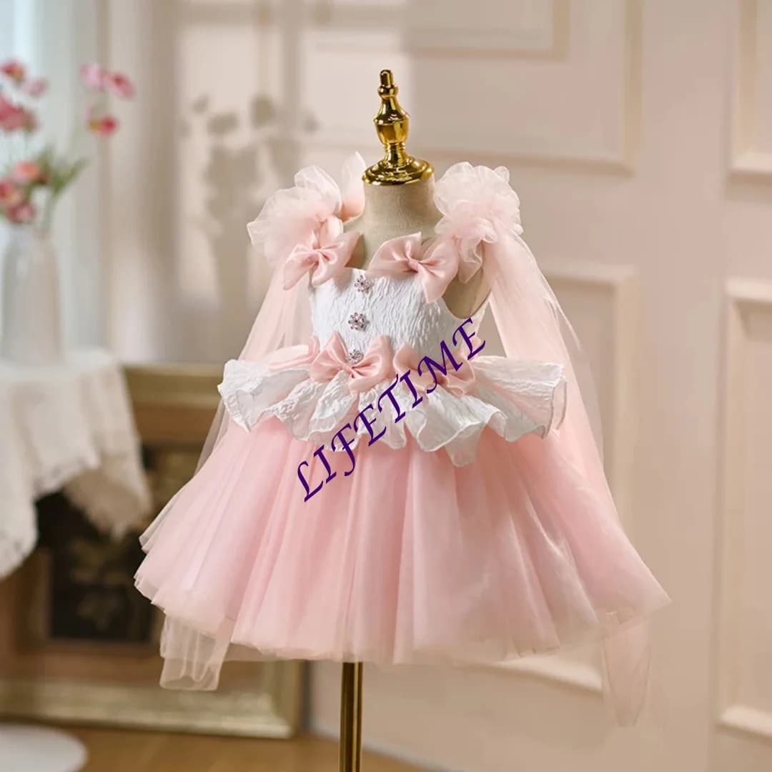 Abito da damigella rosa personalizzato senza maniche con fiocchi, lunghezza al ginocchio, per bambina, principessa, matrimonio, primo compleanno, festa, concorso, abito formale
