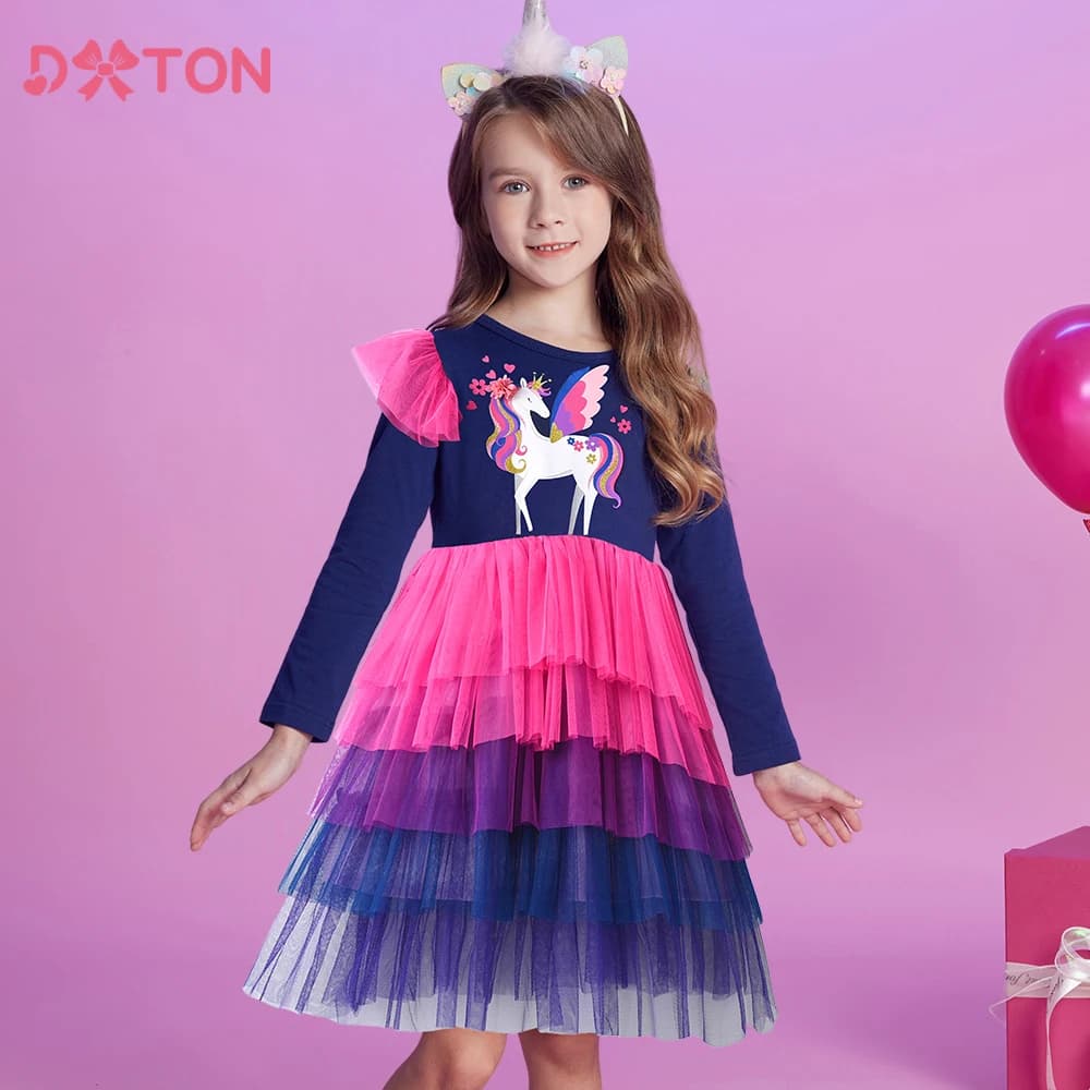 DXTON Licorne bambini vestono Ruffles Sleeve Princess Tutu Dress Layer Tulle Vacation Kids Costume Floral Girls abiti Casual