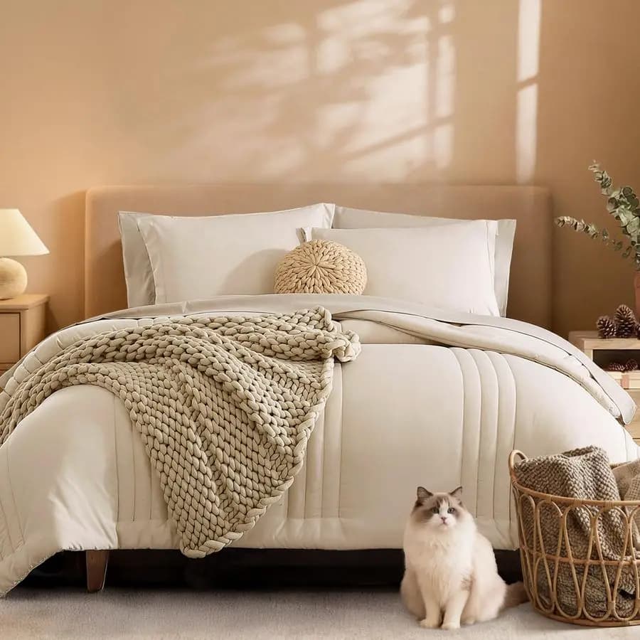 Set Queen 7 Pieces Beige, Set Queen Bed Linen with Covers, Set Cover for All Seasons with Sheets, P