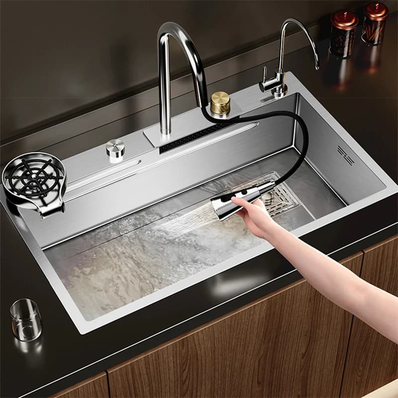 Multifunzione spazzolato Nano lavello da cucina rubinetto a cascata grande vasca singola tazza rondella rubinetto puro dispenser di sapone in acciaio inossidabile