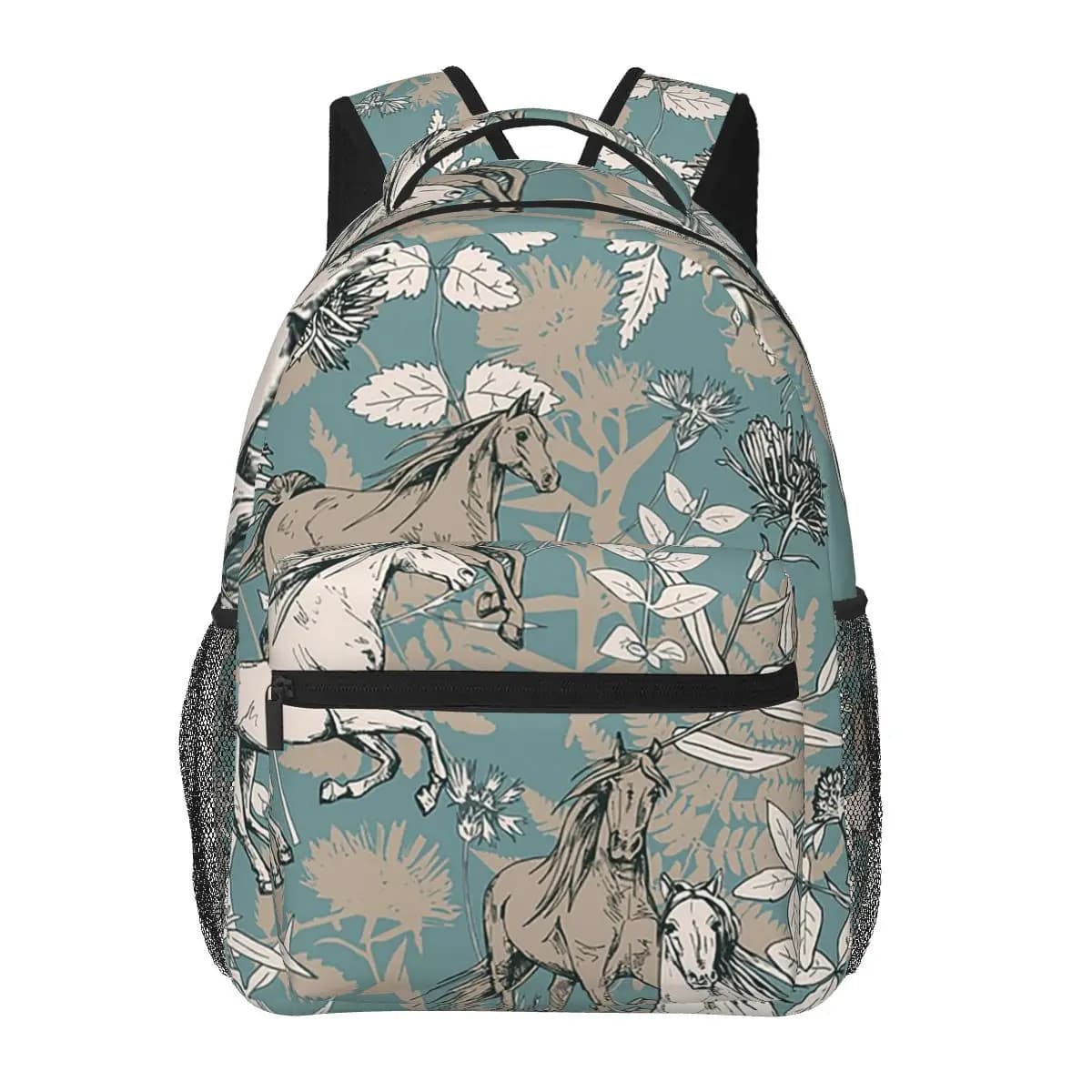 Zaino da studente con motivo floreale e cavallo in stile pastello, borsa da scuola, zaino da viaggio per escursioni, per ragazzi e ragazze, borsa a tracolla