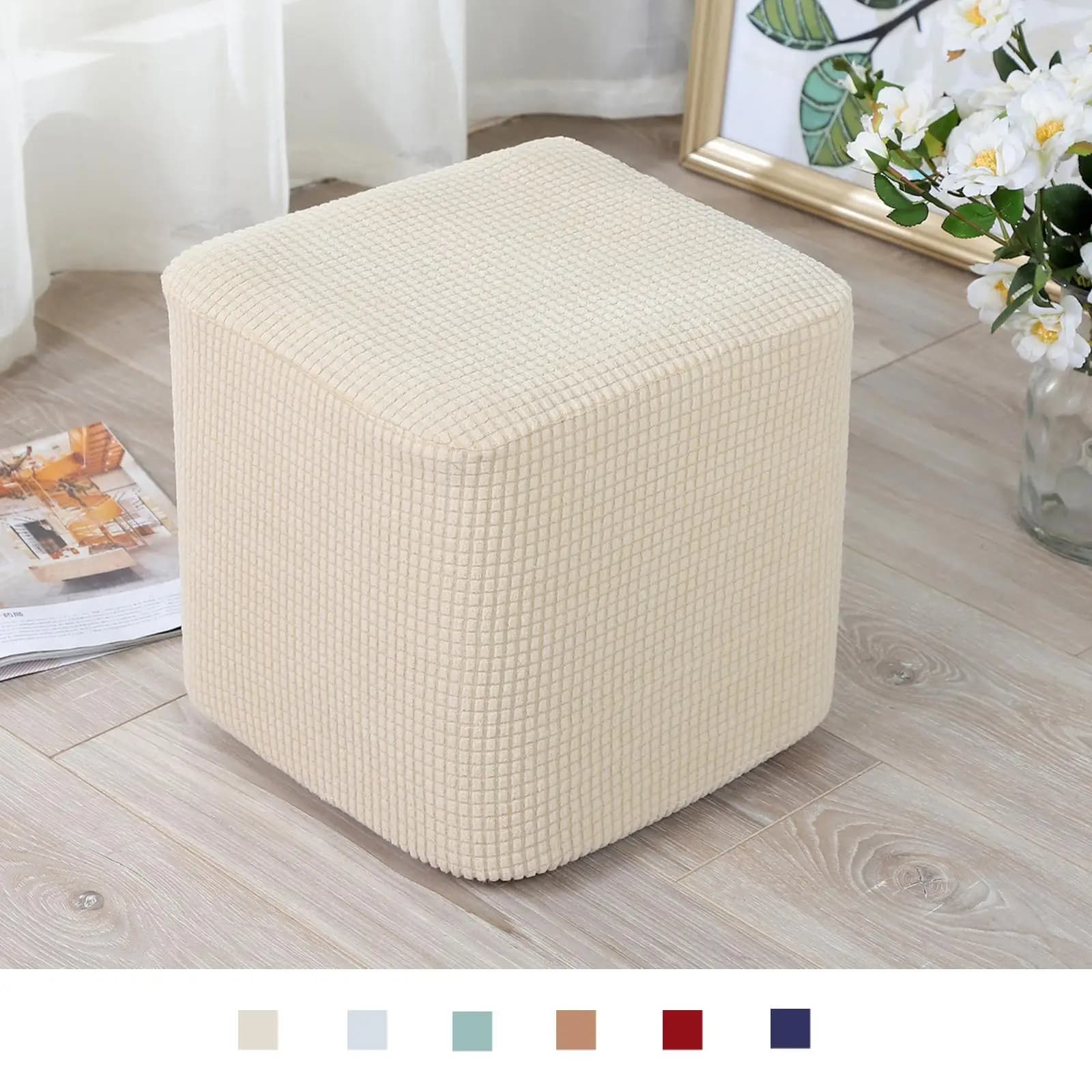 Copri Pouf Rettangolare, Protezione per Sgabello, Rivestimento Morbido con Fondo Elastico