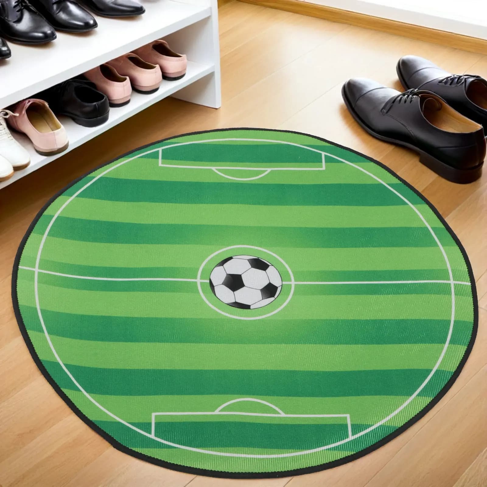Tappeto Rotondo a Forma di Campo da Calcio, 2 Piedi, Lavabile, Antiscivolo, per Camera da Letto, Soggiorno, Ufficio, Sala Giochi, Area Tifosi