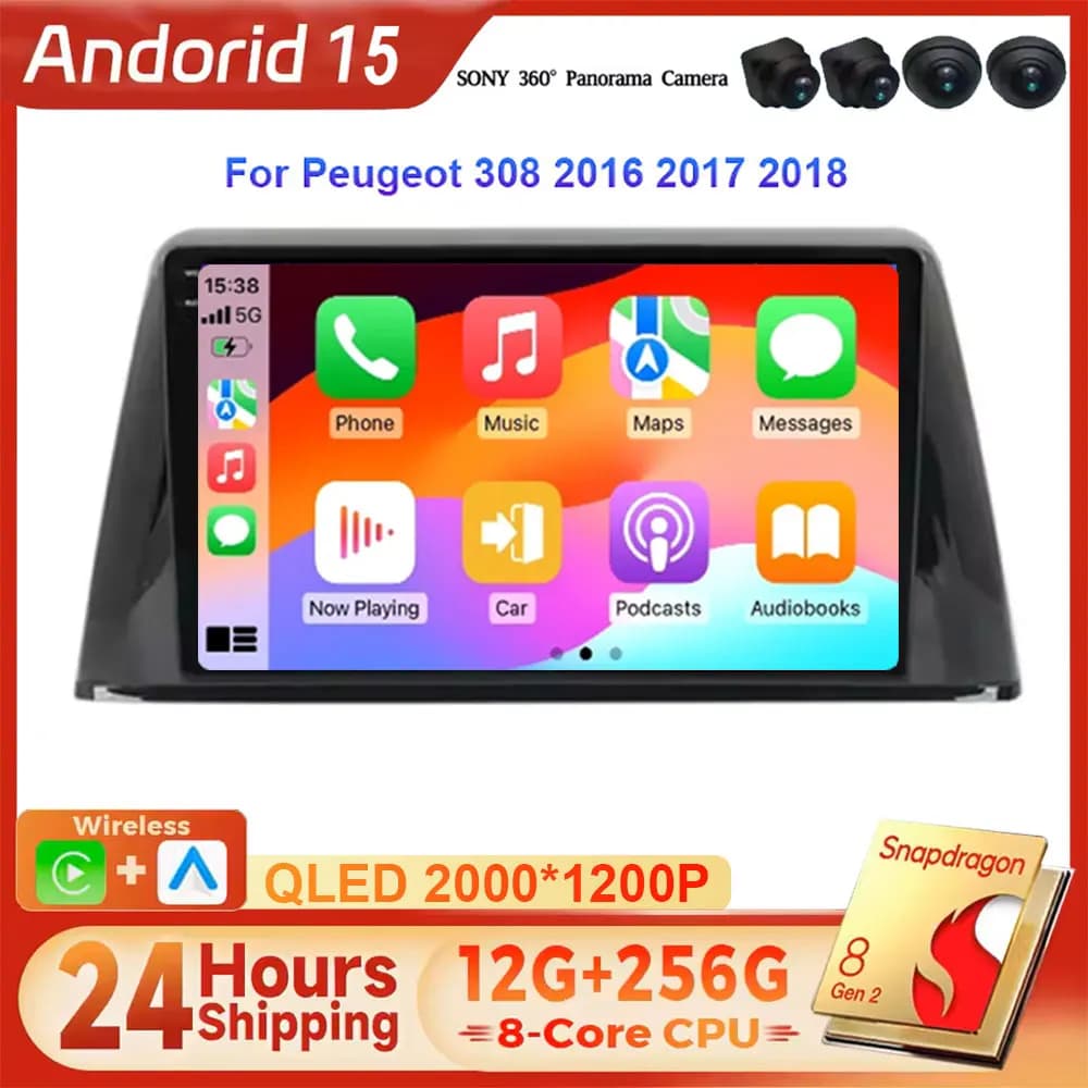 For Peugeot 308 2016 2017 2018 2019 Wireless Carplay Navigation GPS Multimedia Video Player 4G Android 15 8GB+256GB Car Radio