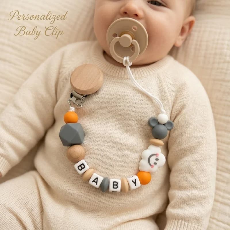 Catenella Portaciuccio Personalizzata con Nome - Perline in Silicone e Legno - Regalo per Neonato/Battesimo