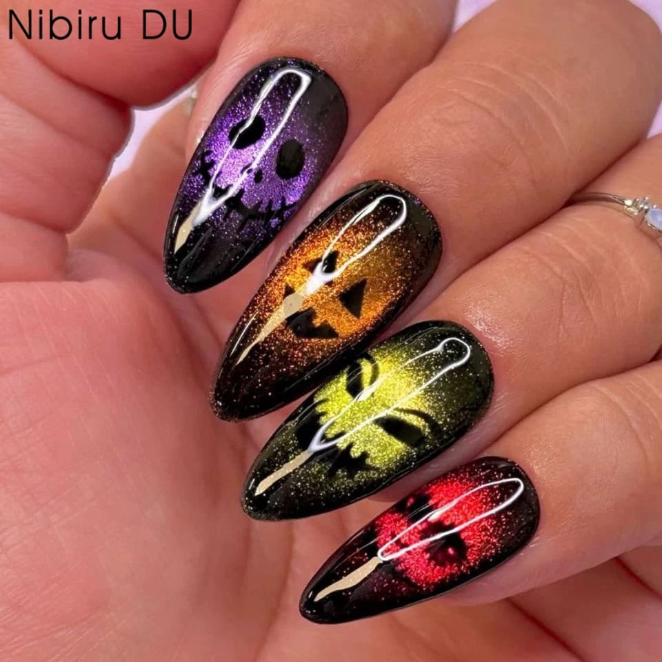 24 pz 2025 Halloween 3D Cat Eye Unghie Finte Patch Spaventoso Verde Mandorla Forma Pipistrello Fantasma Teschio Indossabile Punte False Del Chiodo Set di Manicure