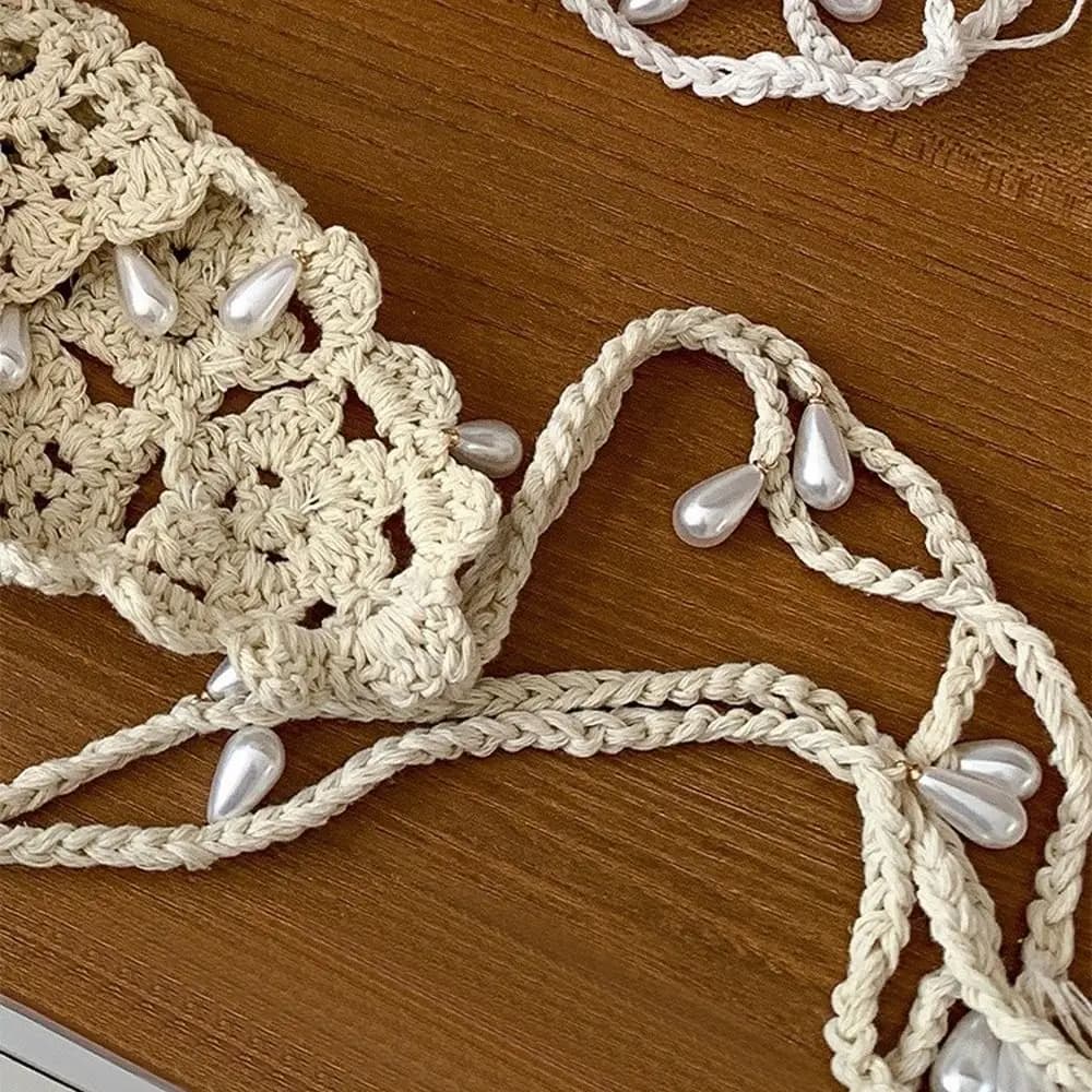Ins Handmade Crochet Tassels Cap Pearls Y2k Knitted Beanies Caps Hollow Sweet Weave Basin Hats Girls