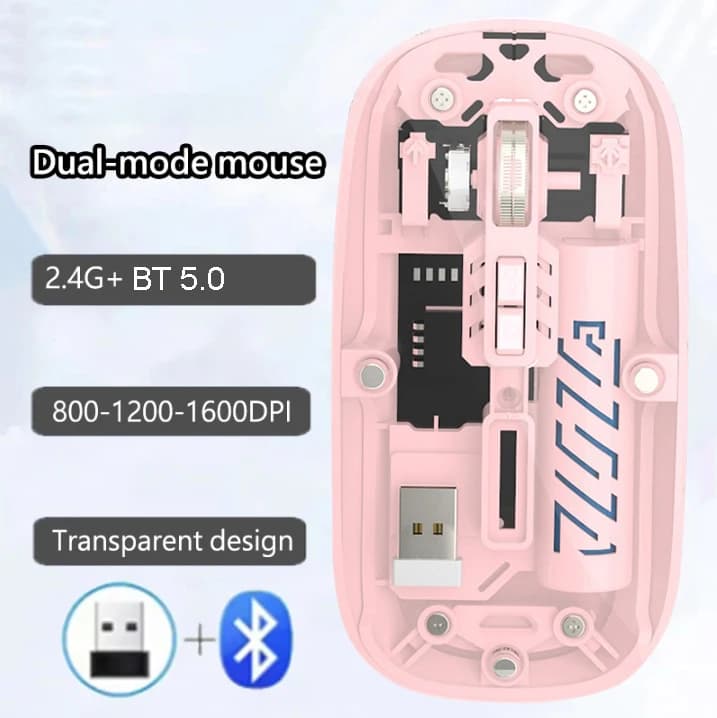 Mouse wireless trasparente a doppia modalità 2.4G compatibile con Bluetooth, mouse silenzioso ricaricabile, mouse ergonomico da gioco per PC portatile