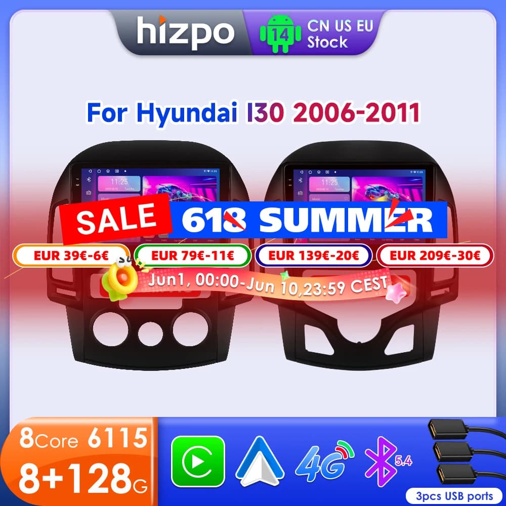 Hizpo Android Auto Radio For Hyundai I30 AT MT 2006 - 2011 4G Auto Multimedia GPS 2din Autoradio AI Voice Wireless CarPlay