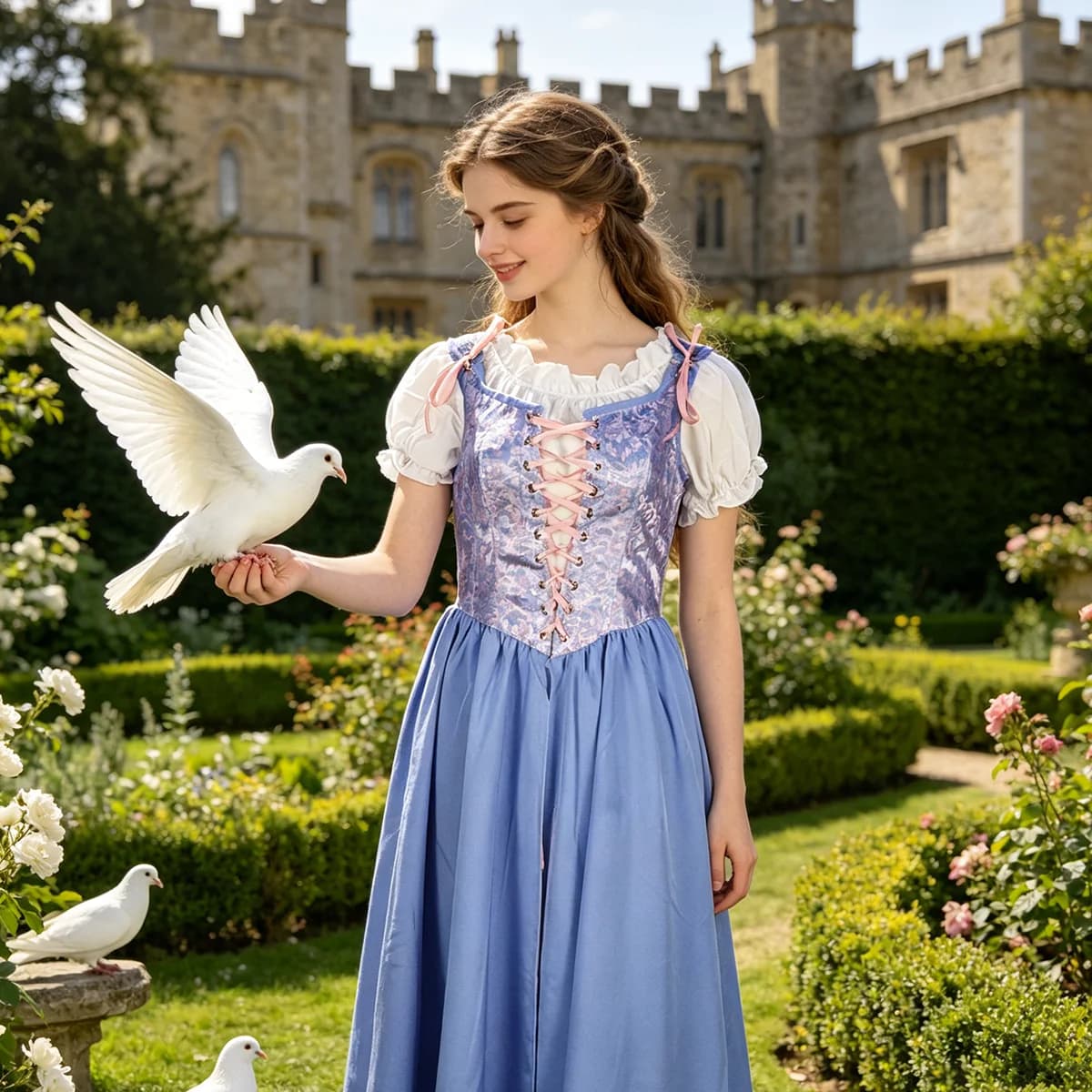 Elegante e versatile abito da principessa con capelli lunghi, ispirato agli abiti rinascimentali, vestito medievale da donna con corpetto attillato, maniche vaporose.