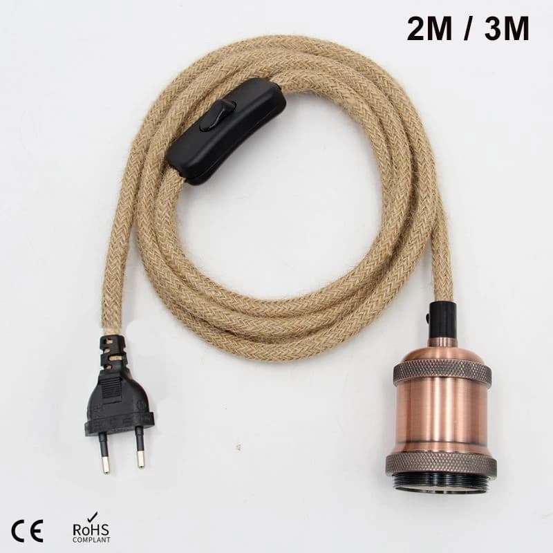 E27 Lamp base power cord plug ue hemp rope 2 meters 3 meters socket lamp holder for electric cable switch ON/OFF retro