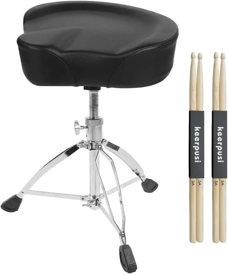 Sgabello per Batteria Rinforzato con Due Bacchette, Sedile Stile Moto, Sgabello Imbottito Allargato e Regolabile