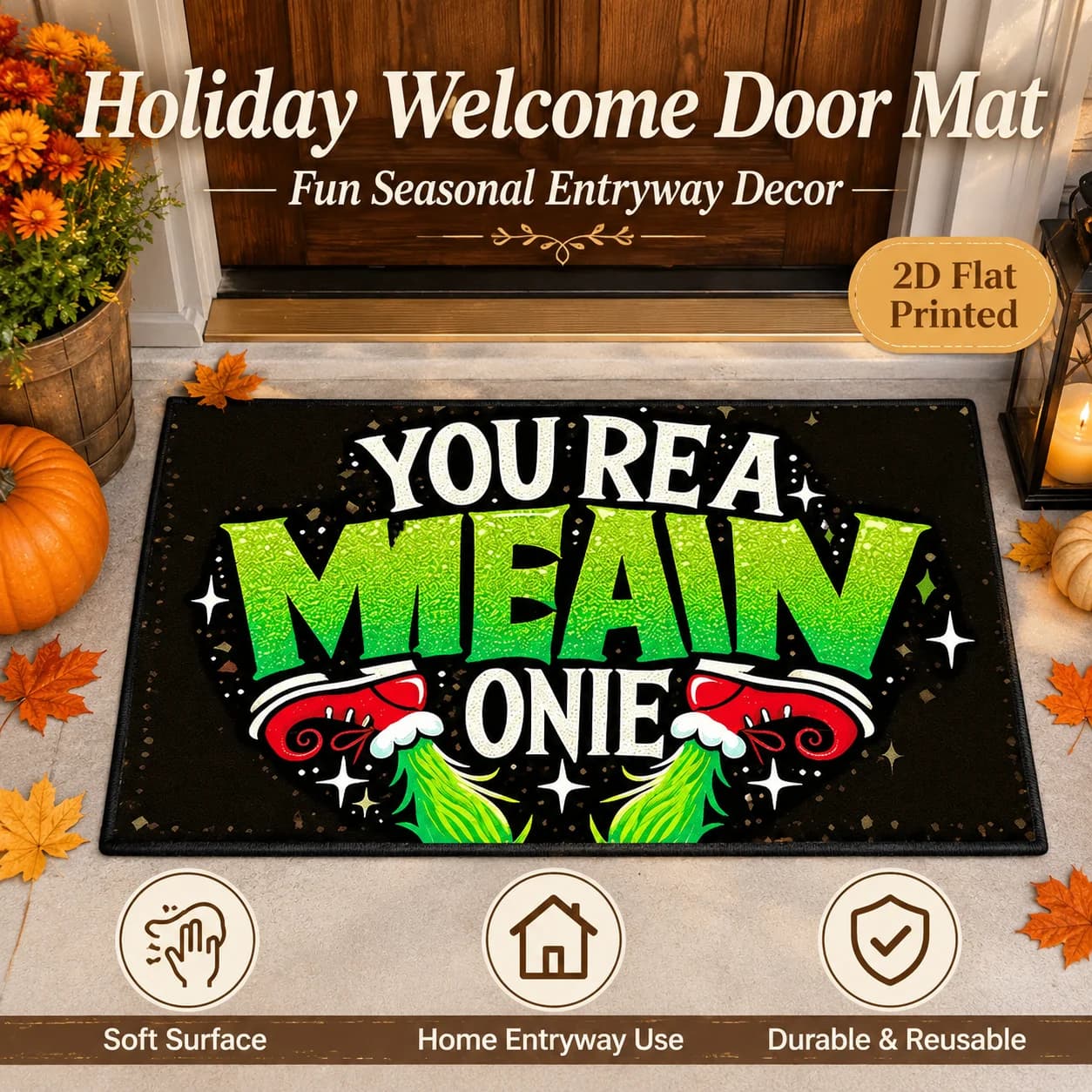 Funny Green Monster 2D Flat Printed Felt Door Mat Winter Holiday Welcome Rug Home Entryway Front Porch Anti-Slip Floor Carpet