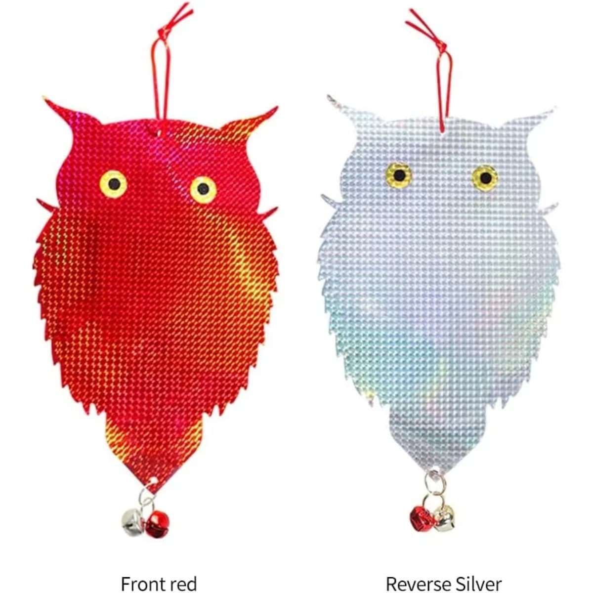 Hanging Bird Repellent Reflective Owl Decor Waterproof Double Sided Scare Device with Bell Wind Chime for Home Garden Patio Yard