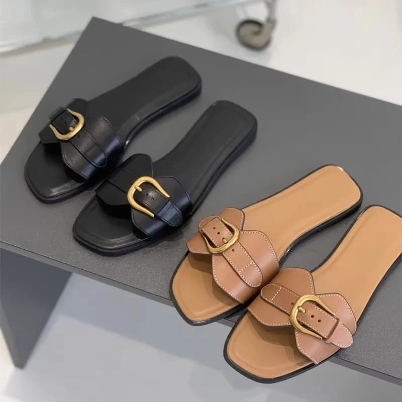 Ciabatte da donna estive da spiaggia con fibbia in metallo, suola morbida, sandali sexy con punta quadrata in pelle di vacchetta, ciabatte piatte, scarpe casual.