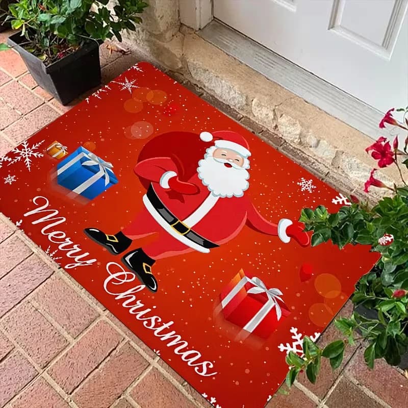 Red Background Santa Claus Gift Box Snowflake Doormat Merry Christmas Print Soft Entrance Rug Indoor Outdoor Xmas Door Mat