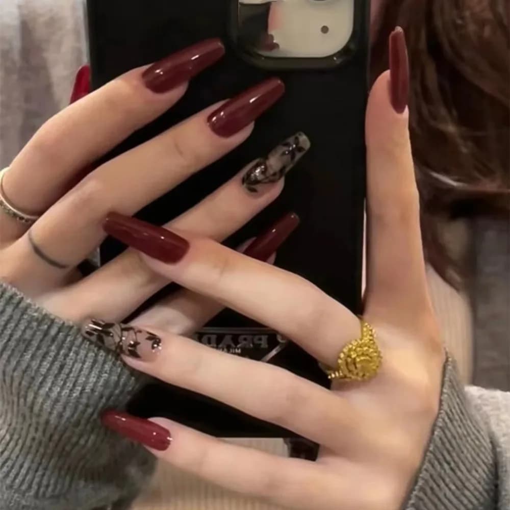 24 pz capodanno unghie finte lunghe balletto unghie stile Vintage francese vino rosso unghie finte stampa sulle unghie finte impermeabili