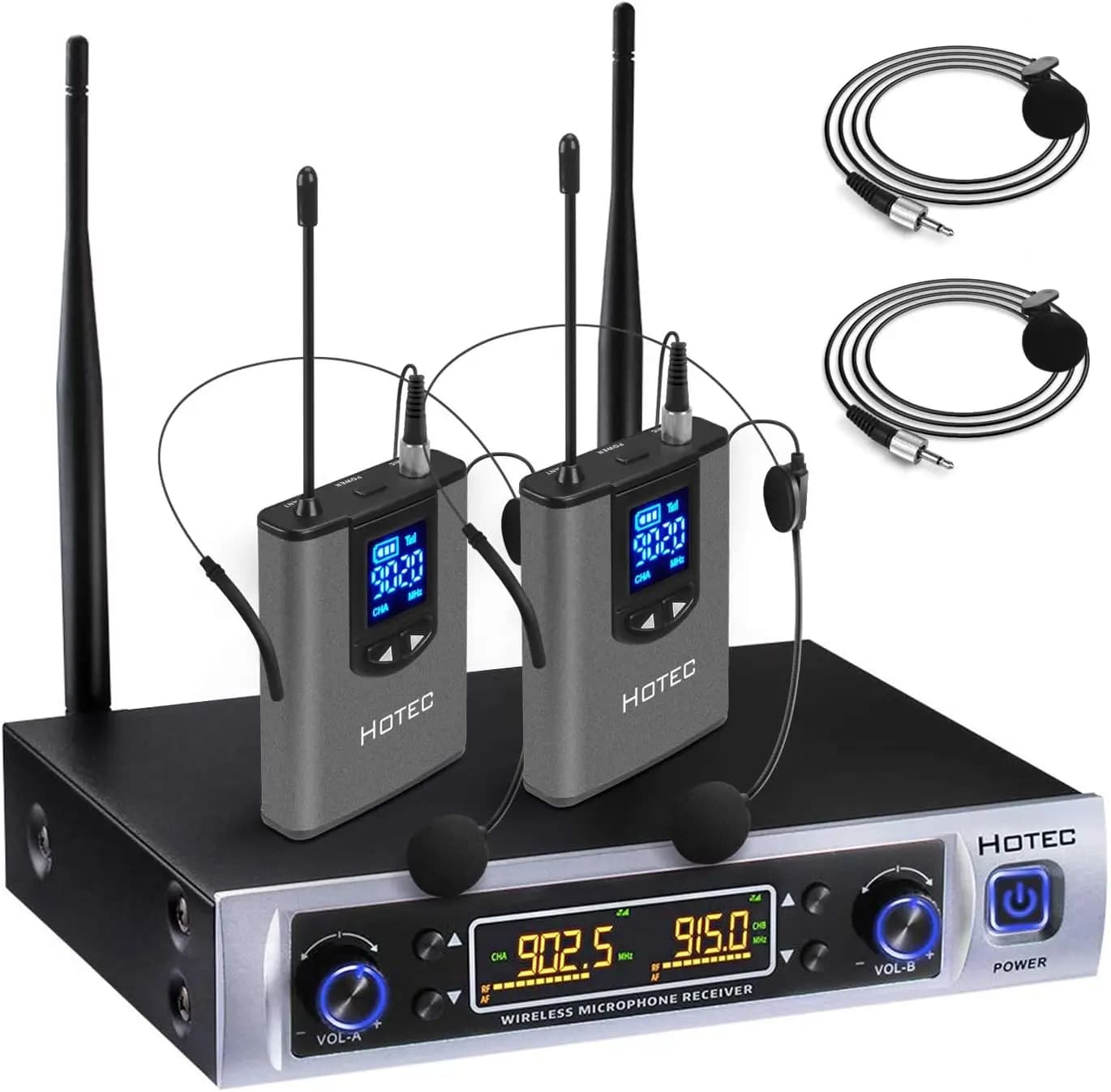 Sistema Microfonico Wireless UHF con Doppio Microfono Lavalier e Microfono ad Archetto per Mixer PA, Altoparlante e Macchina per Karaoke