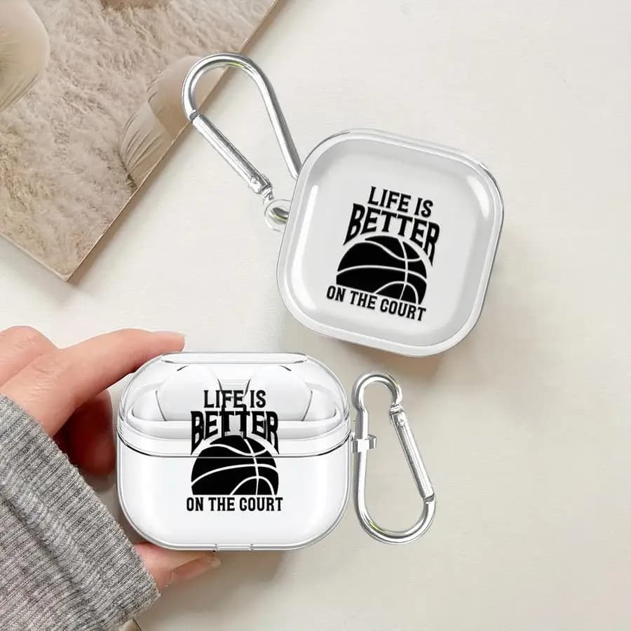 Custodie per auricolari trasparenti con disegno di basket a tema cartone animato e gancio per Samsung Galaxy Buds 2Pro 3Pro 3 FE 4 Pro Live 4Pro 2