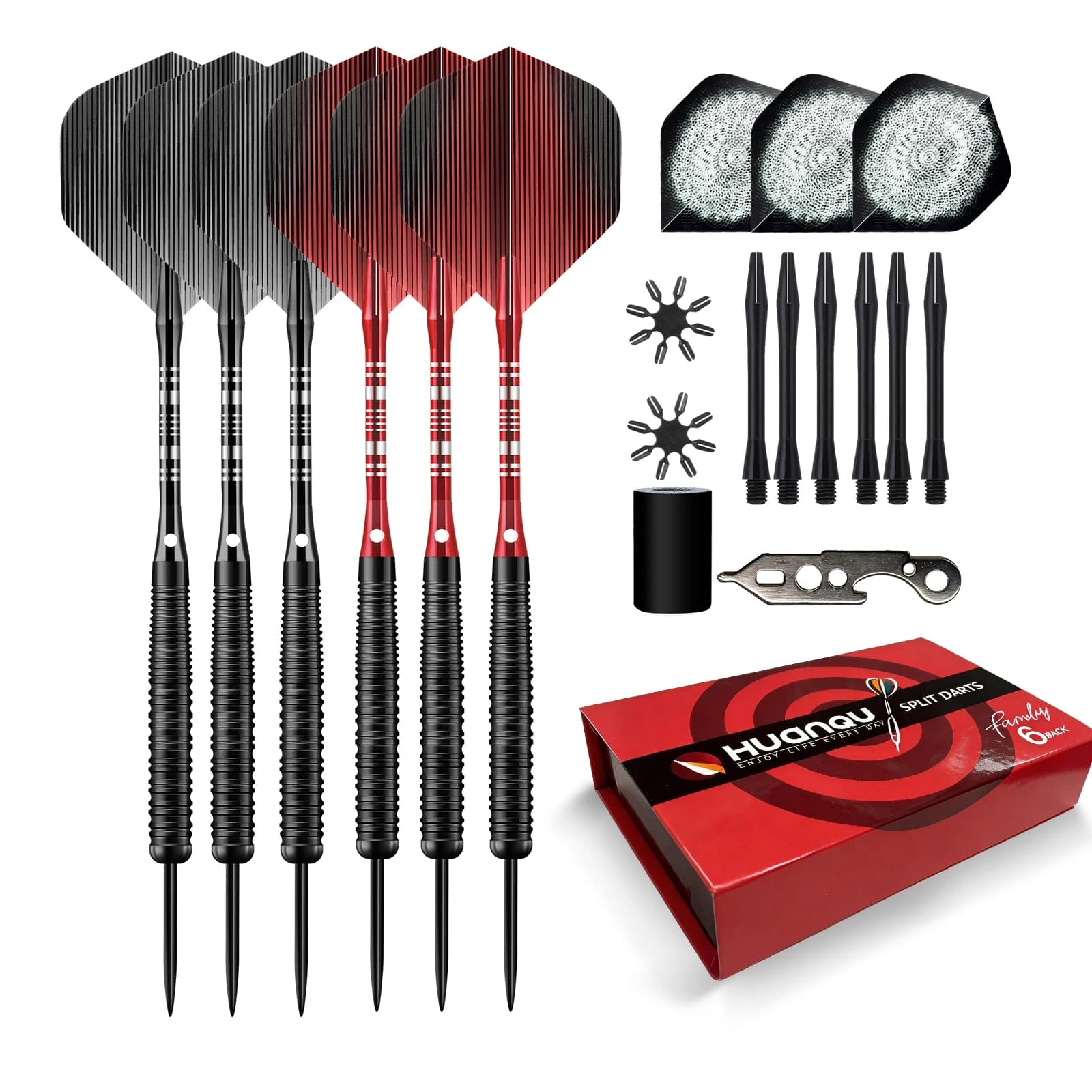 Set di sei freccette in ferro Huanqu da 19 grammi, con ulteriori tre alette per freccette + 6 aste per freccette, possono essere combinati liberamente, include strumento per il fissaggio delle freccette, protezioni per le alette, affilatore per punte delle freccette, set da gioco per freccette per intrattenimento domestico, allenamento per competizioni indoor e outdoor, regali per Pasqua/San Valentino/Natale, regali di compleanno