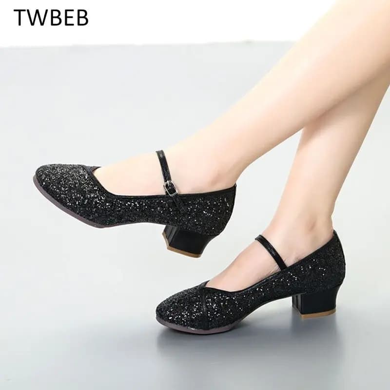 Scarpe da ballo latino professionali con paillettes da donna Scarpe col tacco basso Punta chiusa Salsa Tango Sala da ballo Scarpe da ballo standard da donna