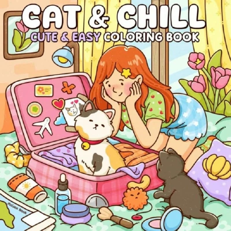 Cat & Girl Cute Easy Coloring Book For Adults Stress Relief Drawing Book Perfect Gift for Party and Birthday & Christmas