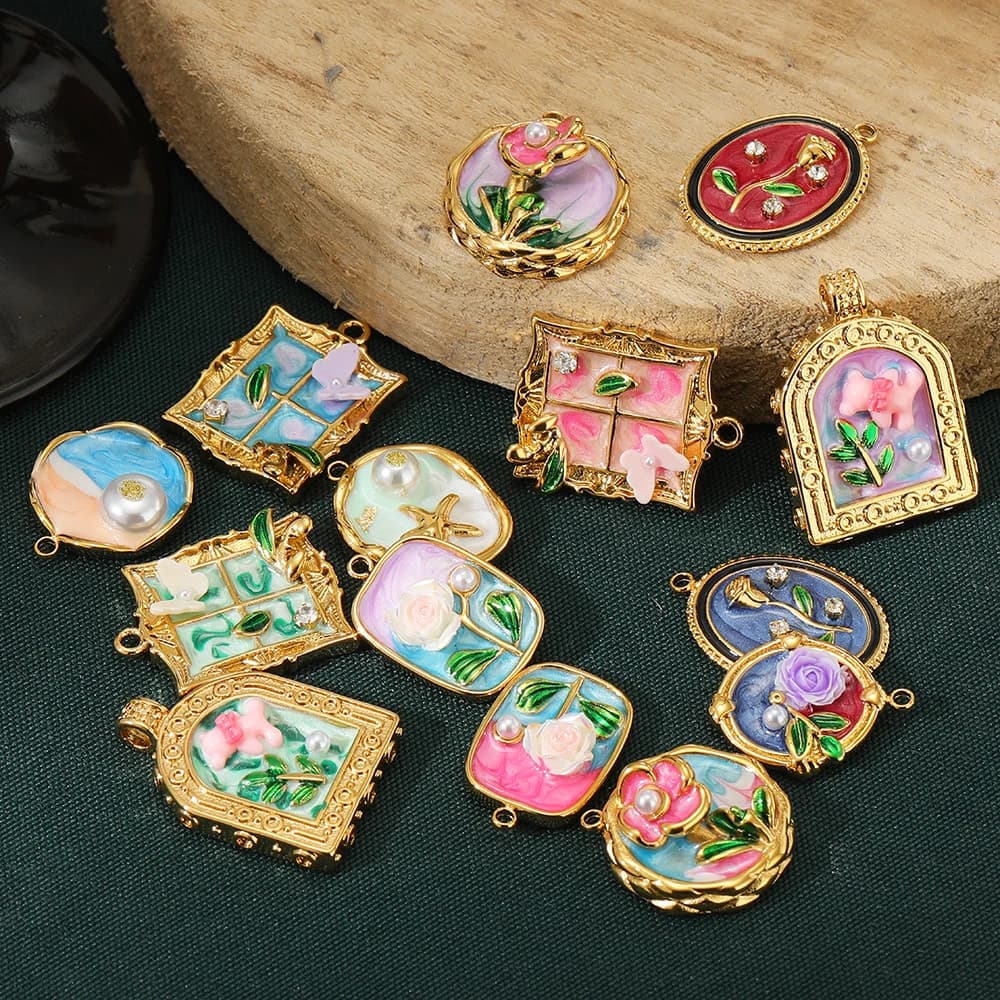 3 ciondoli classici da giardino Monet, gioielli con fiori dipinti in acciaio inossidabile dorato per la realizzazione di orecchini, braccialetti, collane fai da te