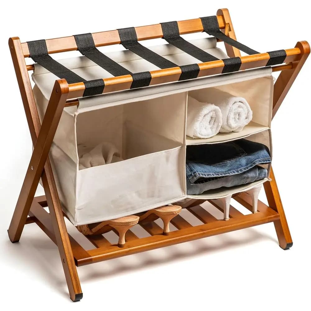 Large Shelves Assembled in Walnut and Bamboo, Supplies for Valves from 26,75 Inches with Removable Linen Shelves and Storage shelf, Foldable Stand Resistant