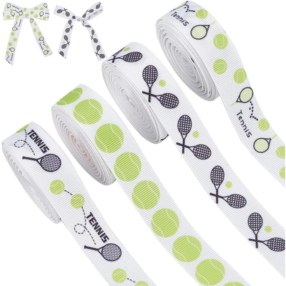 4 rotoli di nastro in grosgrain con stampa di palline sportive in 4 colori per accessori di abbigliamento, forme miste, verde, giallo, tennis, 3/4 pollici (19 mm)