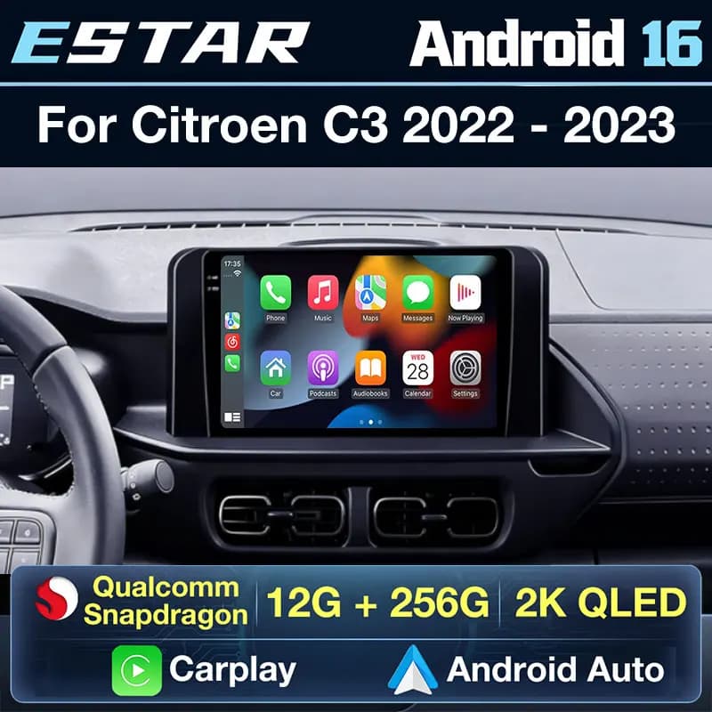 Autoradio Wireless Carplay Android 16 per Citroen C3 2022-2023, 2din, Audio DTS, Navigazione, QLED, Octa Core, WIFI, Telecamera 360, Stereo
